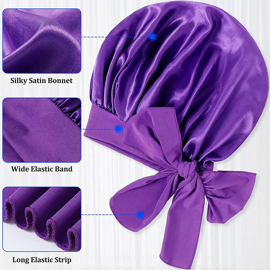 Women Satin Widened Sleep Hat Night Sleep Cap with Long Streamer Hair Care Bonnet Nightcap Elastic Cap De Nuit Shower Turban 3