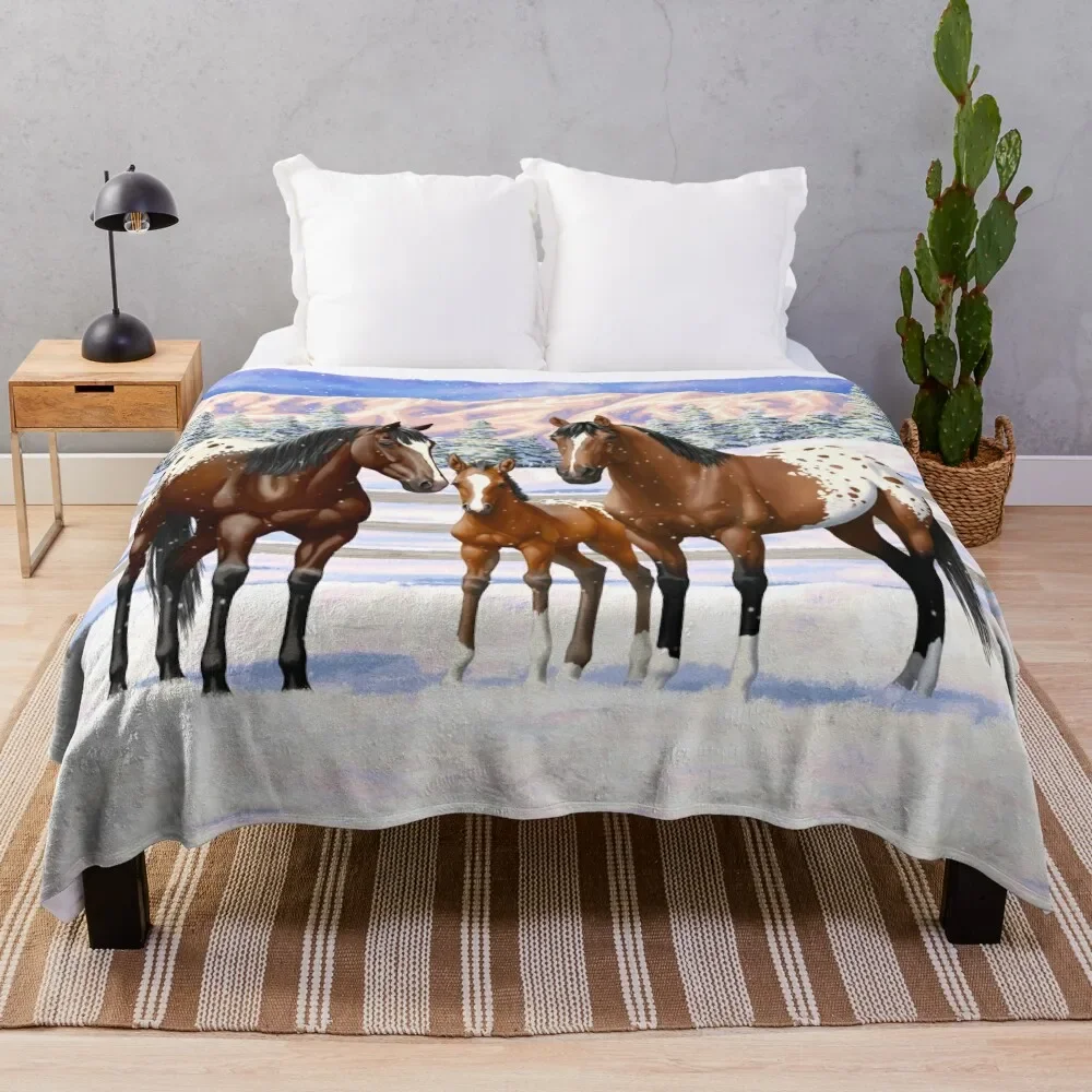 

Bay Appaloosa Quarter Horses In Winter Snow Throw Blanket Custom warm winter Fluffy Softs Blankets