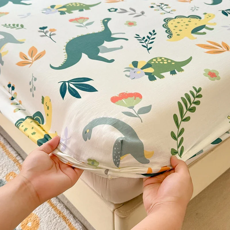 Cartoon Dinosaurs Fitted Sheet Set 3Pcs Cotton Kawaii Mattress Cover Wild Animal Flower Leaf Bedding Set for Boys Girls Adult 5