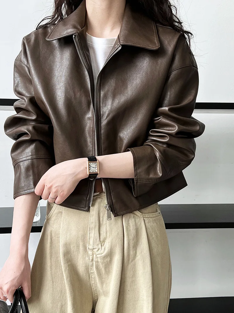 Turn-down Collar Leather Coat Women Spring Autumn Fashion PU Leather Motorcycle Jacket Tops Short Faux Leather Jacket
