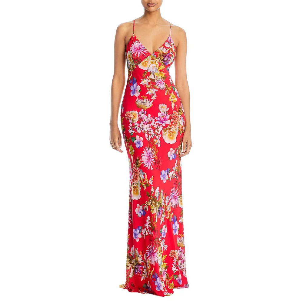 

Douhoow Women Flower Print Party Dress Spaghetti Strap Sleeveless V-neck Slip Dress Summer Bodycon Long Dress for Cocktail Red