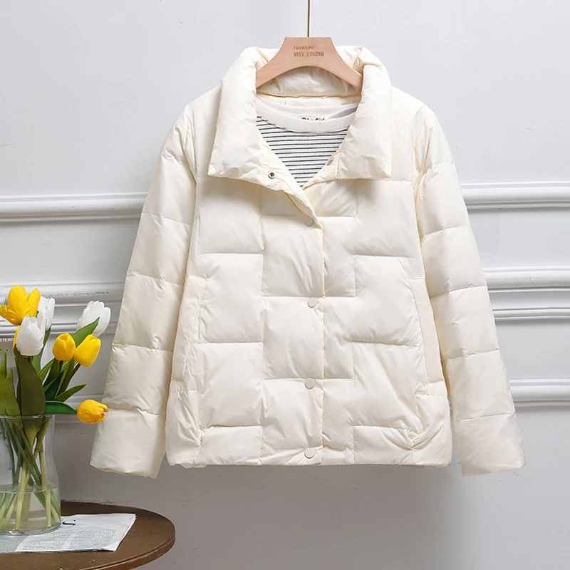 

Down Jacket Women's White Duck Down Stand Collar Short Coat 2023 Autumn Winter New Lightweight Loose Thickness Outerwear