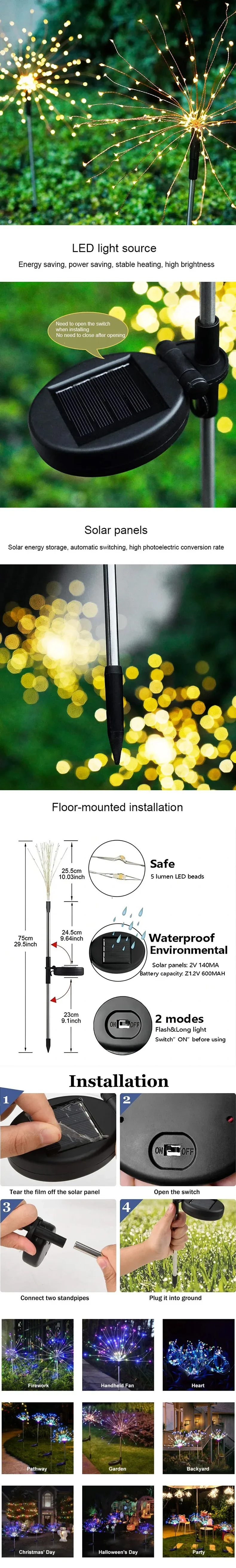 Description Picture 6 of item1/6 Pcs LED Solar Garden Lights Outdoor Copper Wire Waterproof Decorative Lawn Light DIY Firework Lamp Patio Planter Pathway