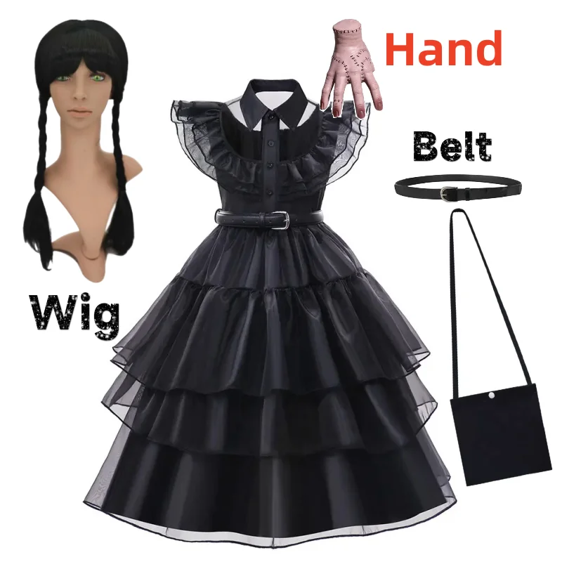 2023 Wednesday Addams Costume With Wigs For Kids Girls Tulle Belt Gothic  Black Dress Halloween Cosplay Night Costume Wigs