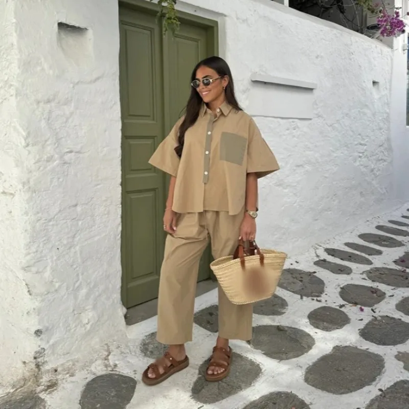 Women's Suit INS Colorblocking Loose Casual Printed Short Sleeve Single Breasted Tops Pants Elastic Waist Suits Womenswear Trend