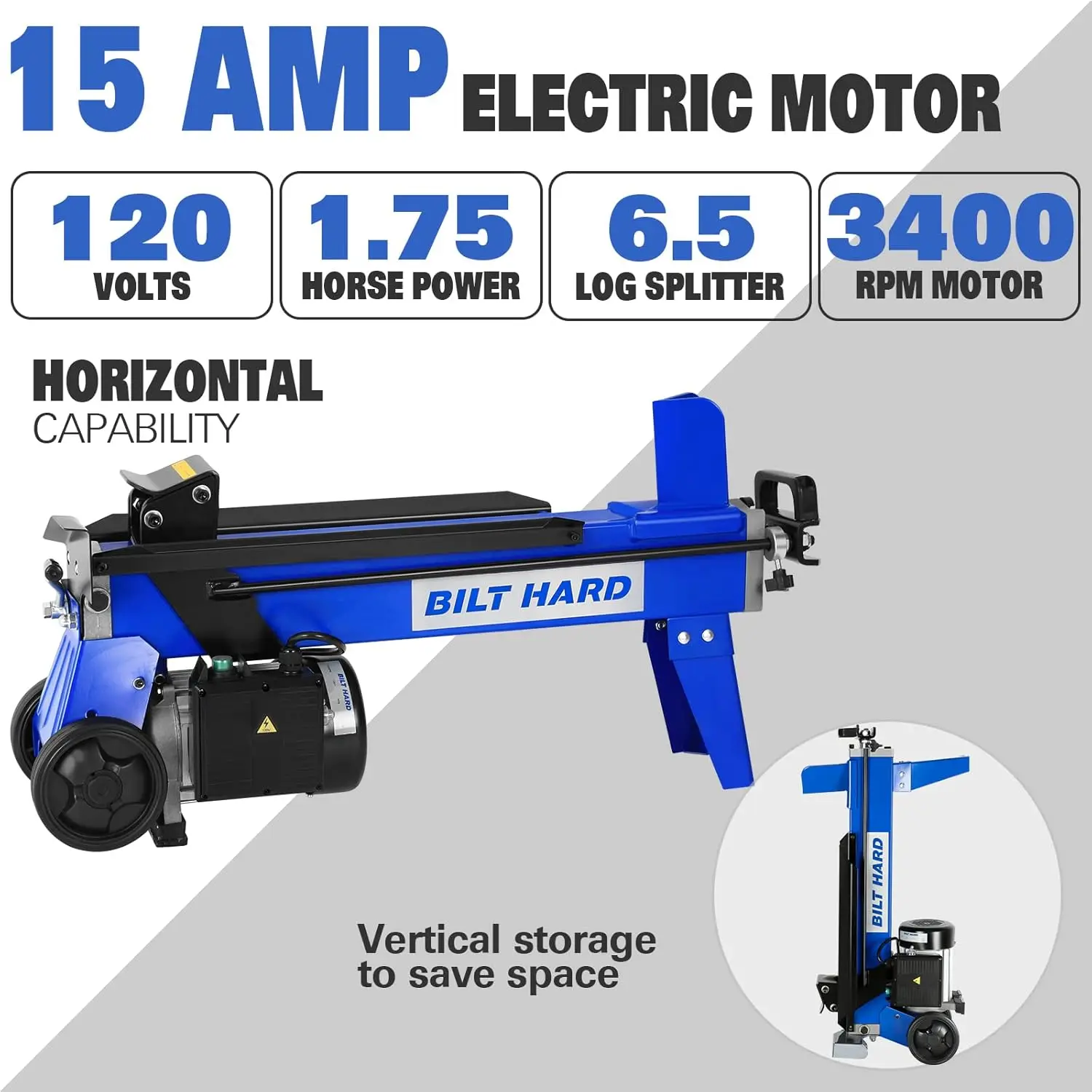 Log Splitter 6.5 Ton, Wood Splitter Electric Powered 15Amp, with Hydraulic Ram, Electric Firewood Splitting Machine, Horizontal 2