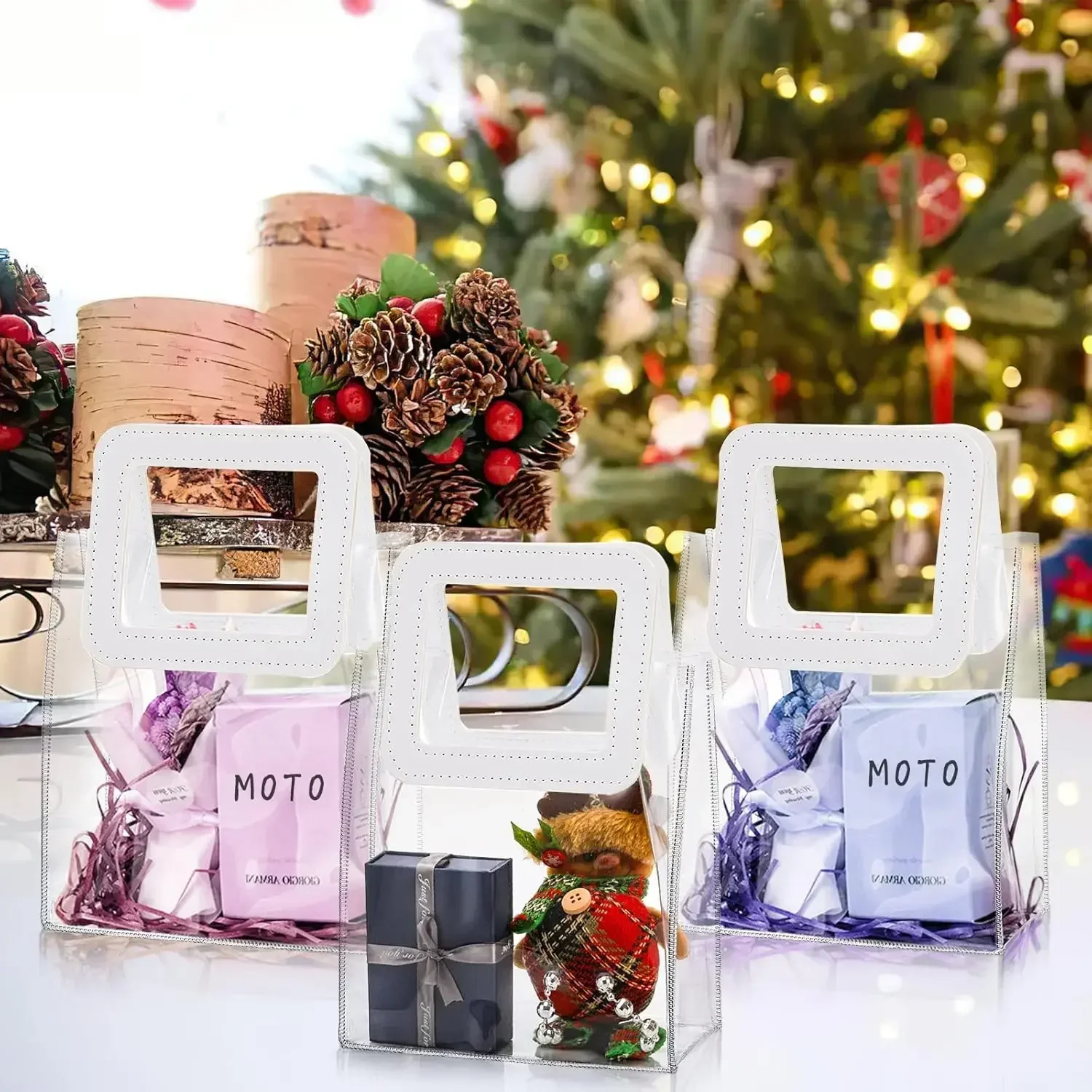 Clear Gift Bags Waterproof Gift Wrap Bags with White Leather Handles Durable Birthday for Parties Christmas and Holidays