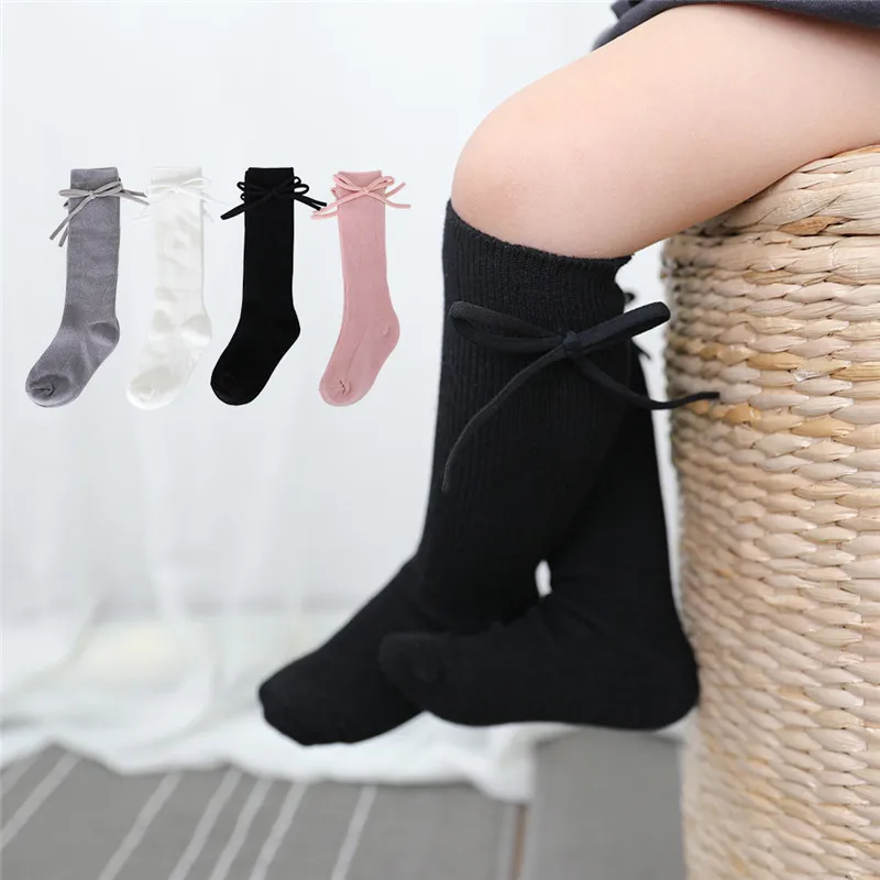 Autumn Kids Knee High Socks Baby Girls Boys Bowknot Flat Long Sock Soft Cotton Solid Children Princess Socken For 0-7 Years