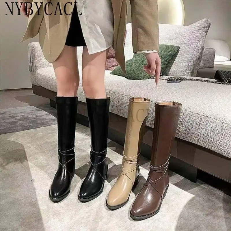 2023 Women Knee High Boots Cool Fashion Concise Genuine Leather Thick Heels Shoes Woman Autumn Winter Casual Long Boots New