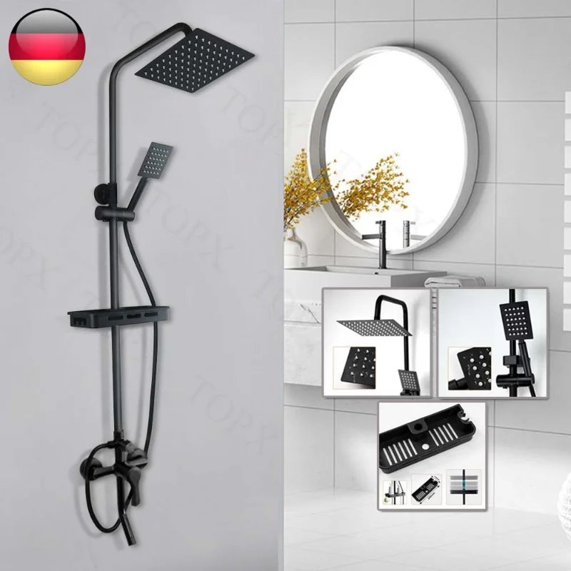 Bathroom Wall Mounted Shower Set Black Faucet with Shelf Three Gear Adjustable Rainfall