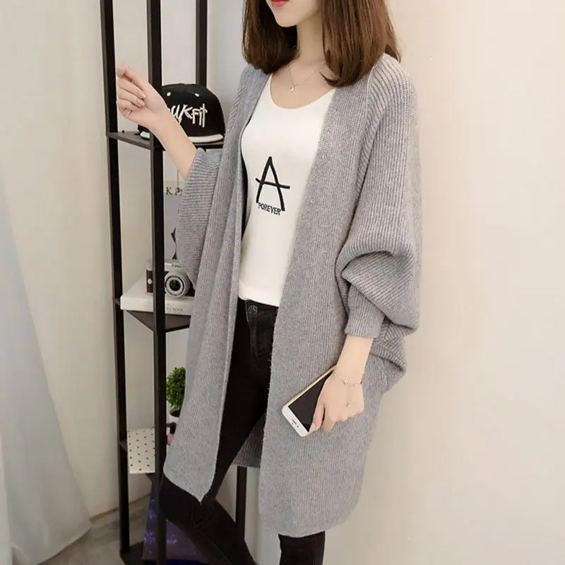 

2023 Winter New Bat Sleeve Sweater Coat Women Loose Lazy Style Mid length Thickened Knitted Cardigan Slight Strech