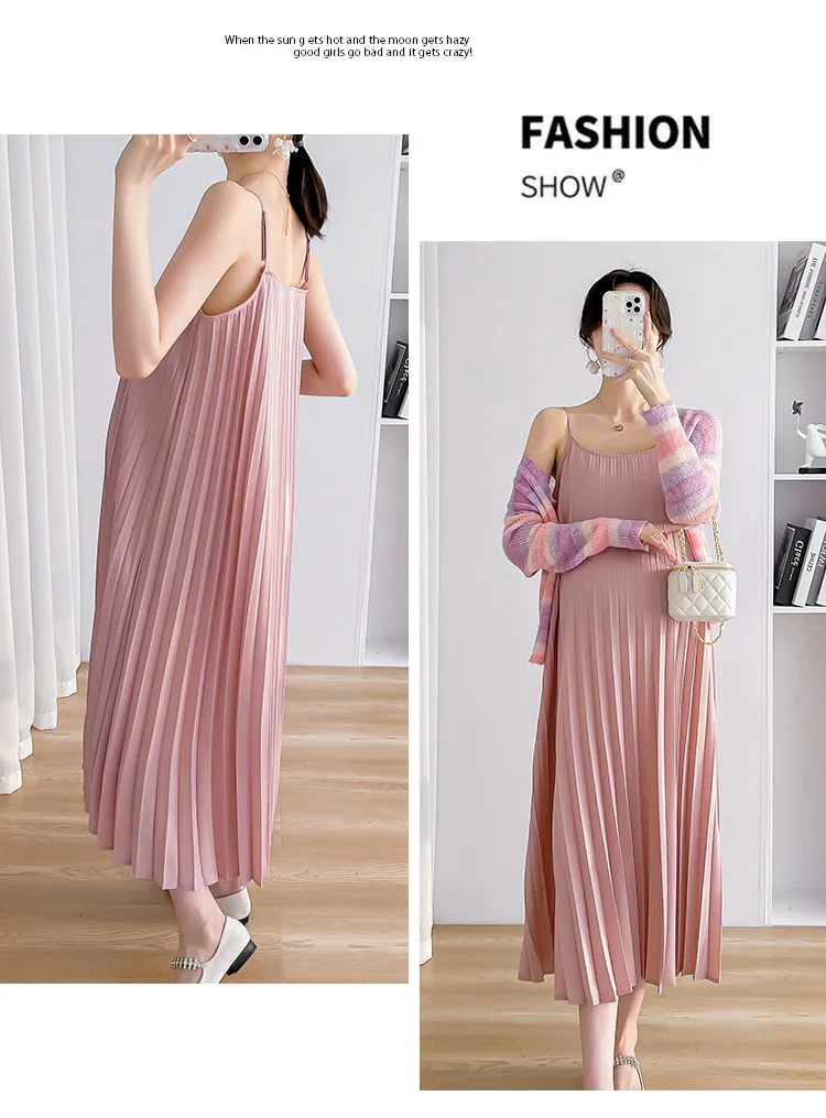 Spring Summer Maternity Dress Suits Block Color Knitted Striped Shirts + Strap Dress Twinset Long Loose Pregnant Woman Clothes Set