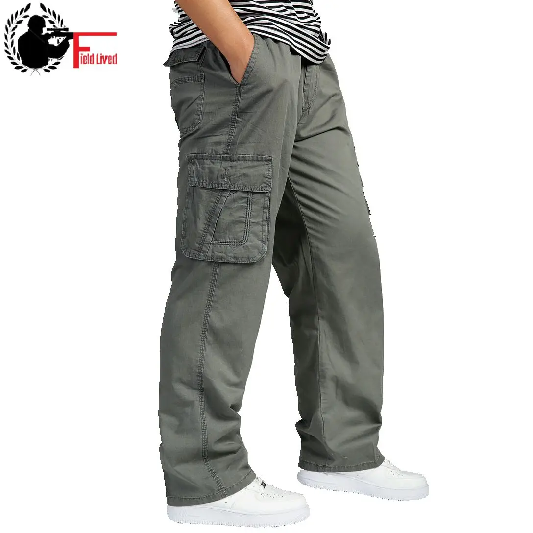 

Summer Men's High Waist Pant Elastic Plus Size Clothing 6XL Cargo Pant Men Many Pockets Loose Work Pants Male Straight Trousers