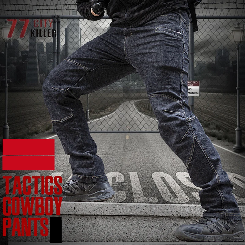 

77City Killer Tactical Jeans Men's Military Denim Men Pants Wearable Elasticity Combat Trousers Male SWAT Multi Pocket Joggers