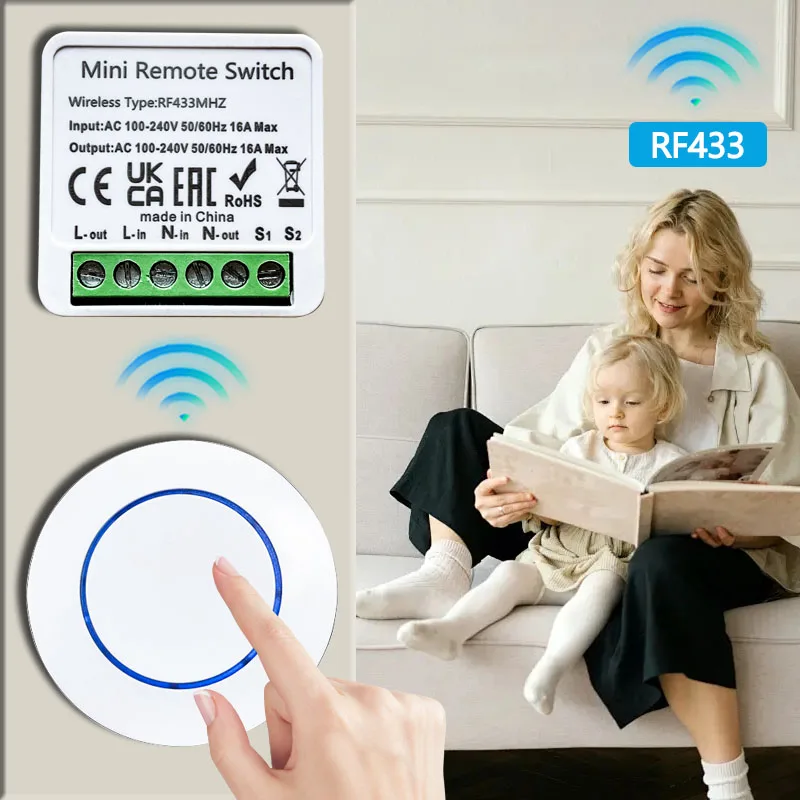 AXUS 433HMz 무선 조명 스위치 10A 릴레이 수신기 RF 라운드 버튼 원격 110V 220V 230V 미니 모듈 LED 램프 컨트롤러