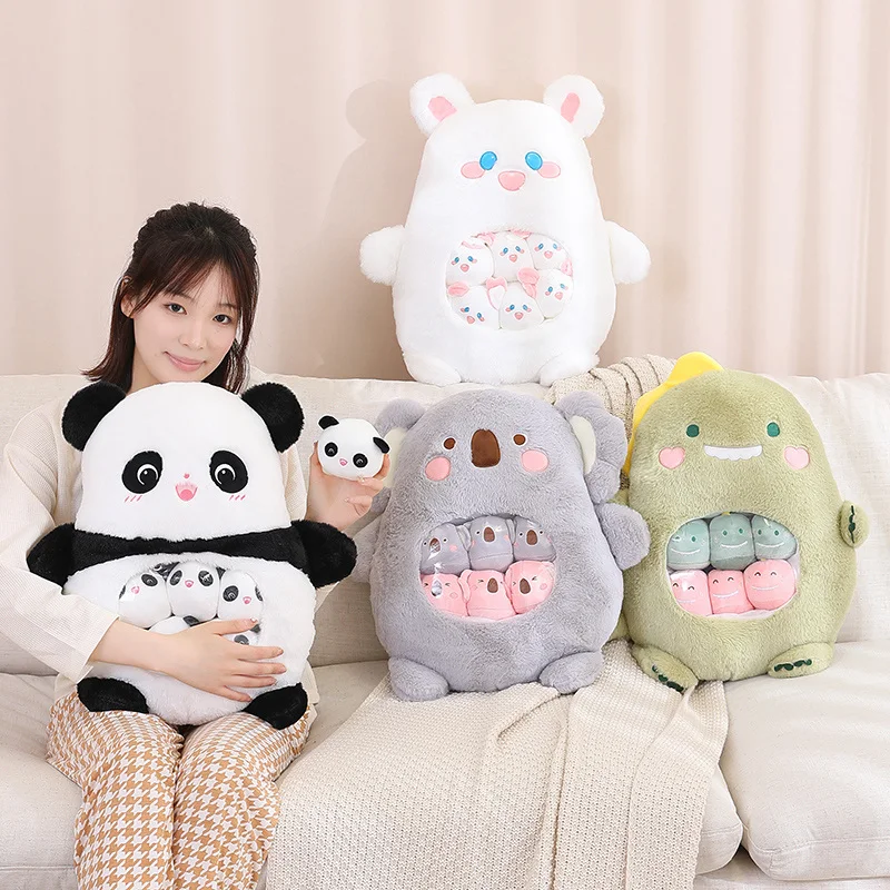 6Pcs Small Toys Inside Cute Panda Koala Rabbit Dinosaur Cartoon Animals Plush Pillow Soft Stuffed Sofa Cushion Homdecor Pillow 6