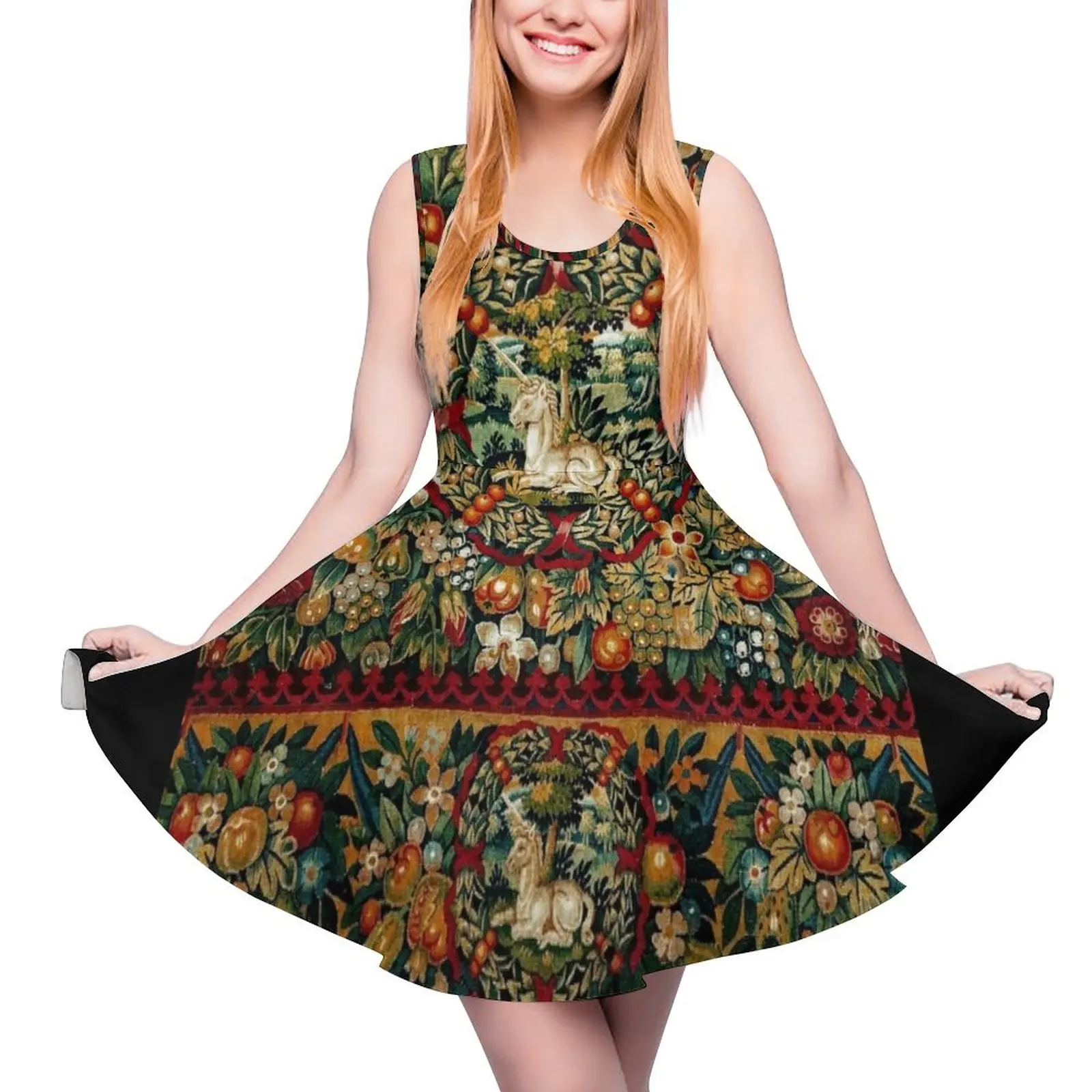 

Женское вечернее платье без рукавов, белое платье в средневековом стиле с изображением единорога и цветов