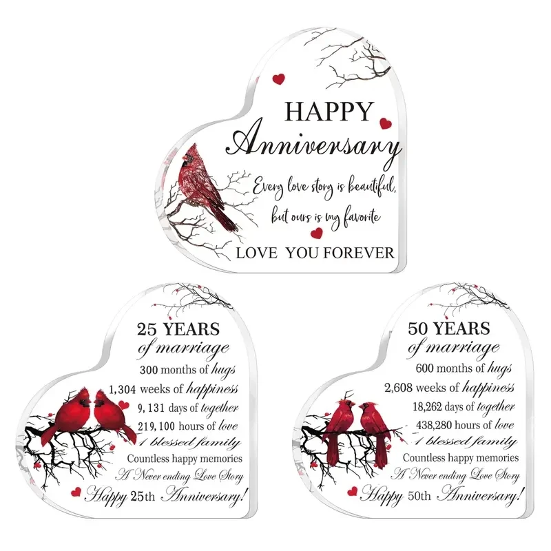 

Красные Птицы Дерево Печать акриловое сердце зубной налет счастливый юбилей свадебный подарок для жены мужа девушки пары родителей декор для стола