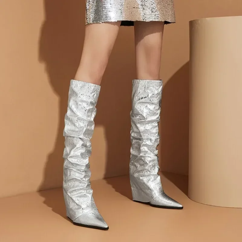 

2024 Women's New Pile Up Knee Length Boots Fashion Pointy Slope High Heel Party 35-47 Large Boots Autumn and Winter