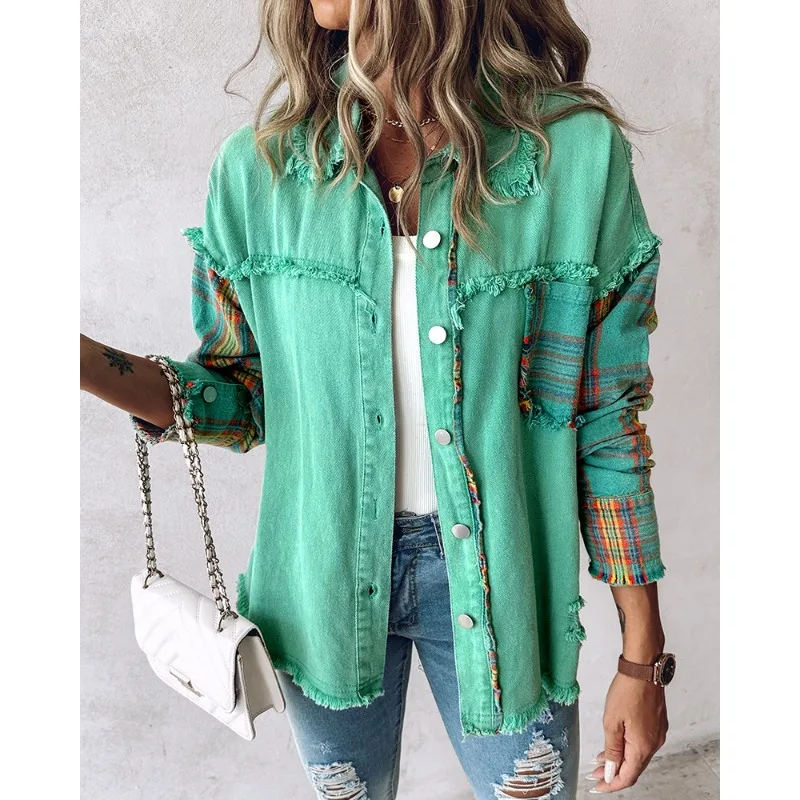 

2023 Spring Autumn New Women's Clothing Coat Fashion Plaid Stitching Casual Coat