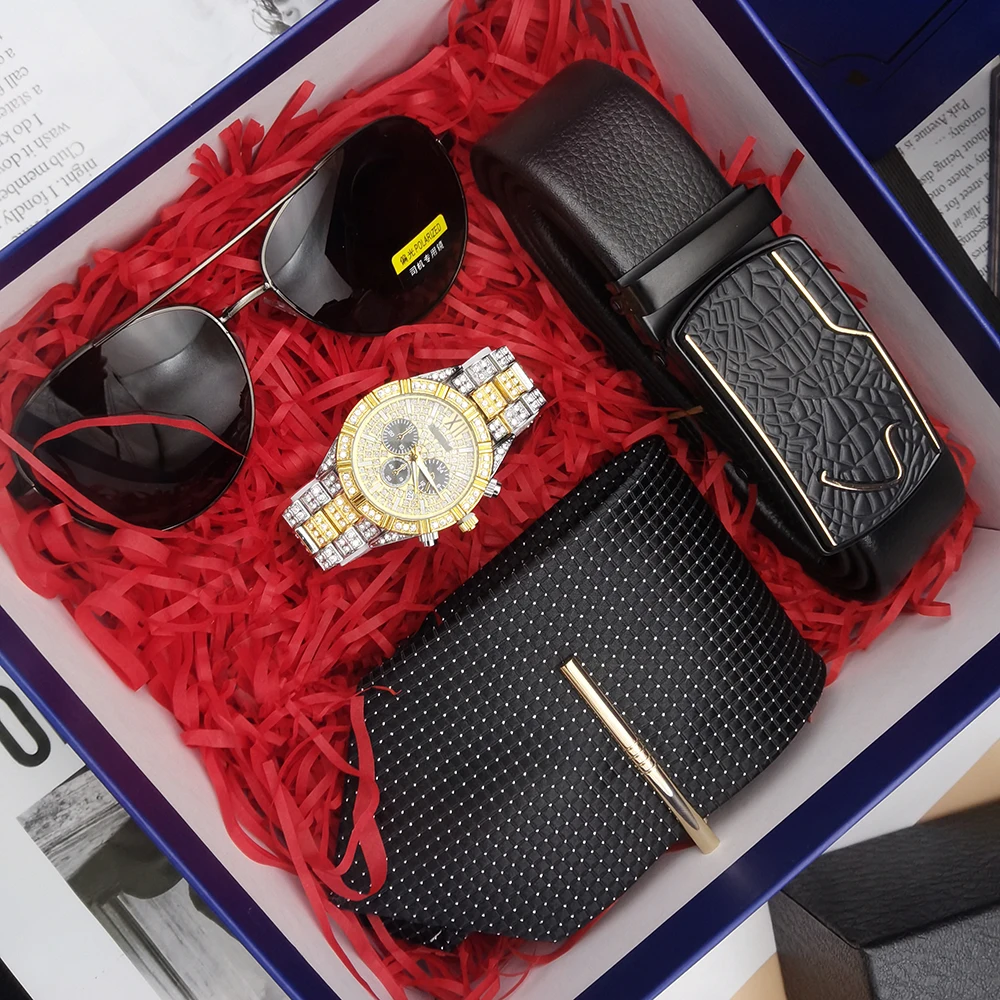 Mens Watches Set Luxury Hiphop full Iced Out Watch Gold Diamond Rhinestone Watch With Belt Wallet Tie Sunglass Gift Box For Male