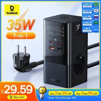Baseus 고속 충전기 디지털 멀티탭, 7-in-1 충전 스테이션, 4000W 정격 전력 디지털 디스플레이, 아이폰 15, 14 프로 맥스용, 35W
