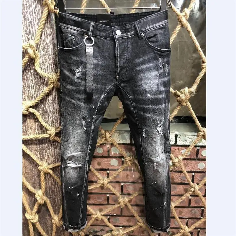 

Fashion Trend Men's Slim Fit Casual Hole Jeans High Street Punk Style Denim Fabric Pants A216