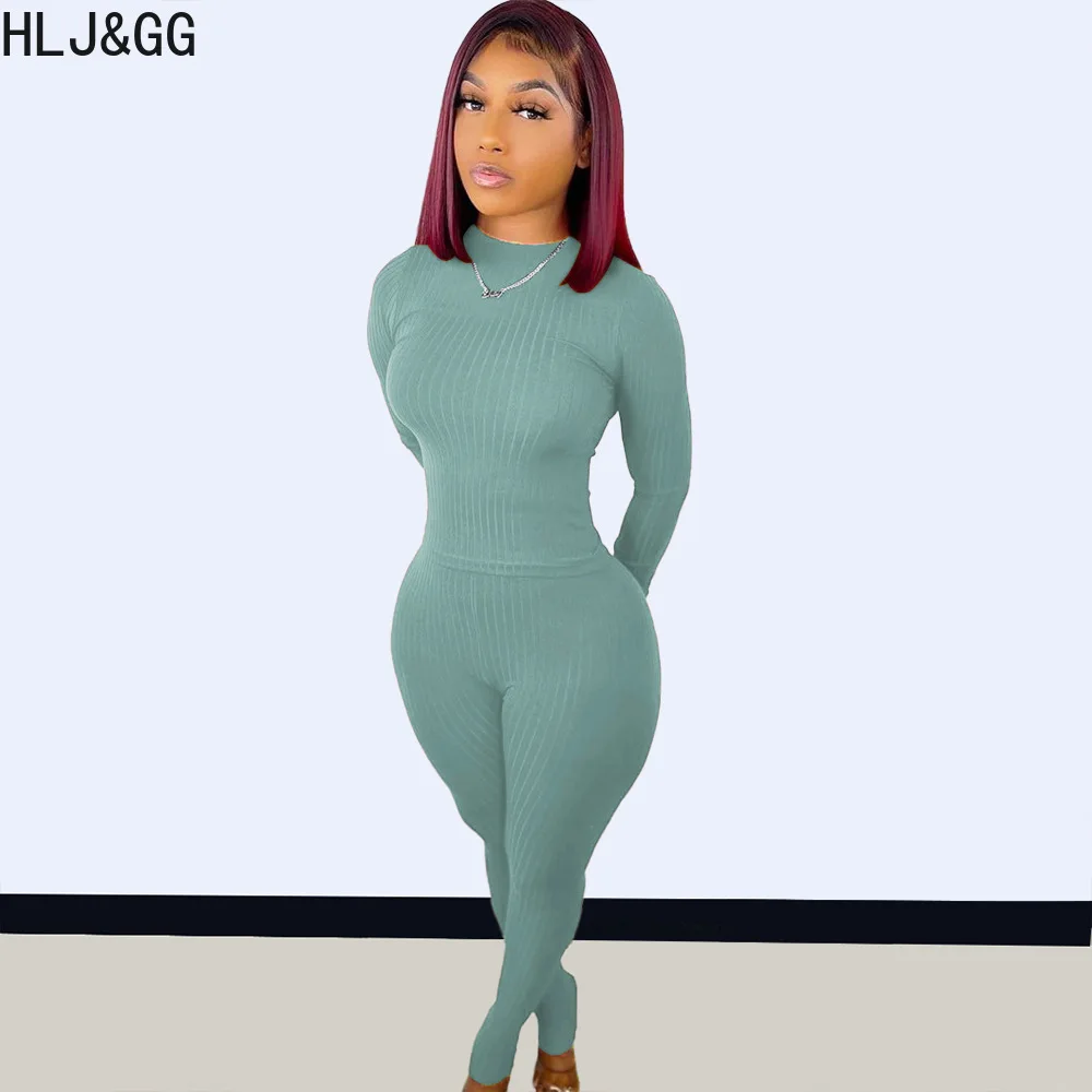 HLJ&GG Casual Solid Color Ribber Two Piece Sets Women Round Neck Long Sleeve Top + Legging Pants Tracksuits Female 2pcs Outfits