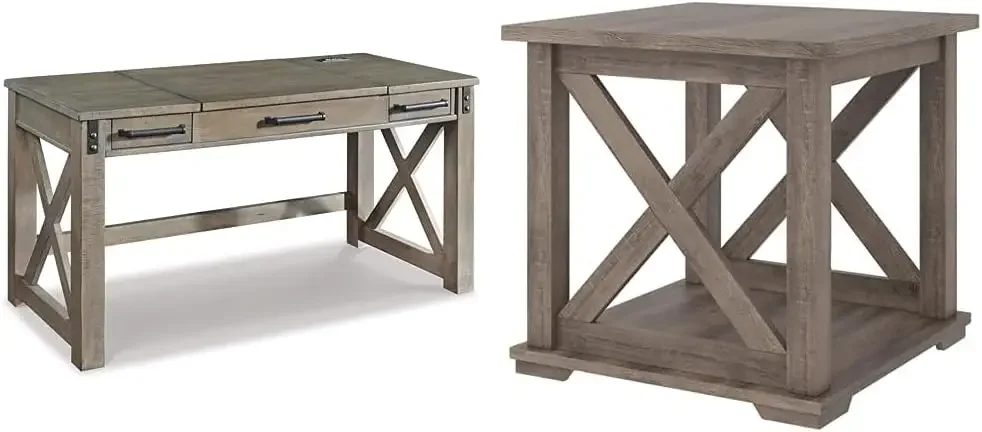 

Aldwin Rustic Farmhouse 60" Home Office Lift Top Desk with Charging Ports, Distressed Gray & Arlenbry End Table, Gray