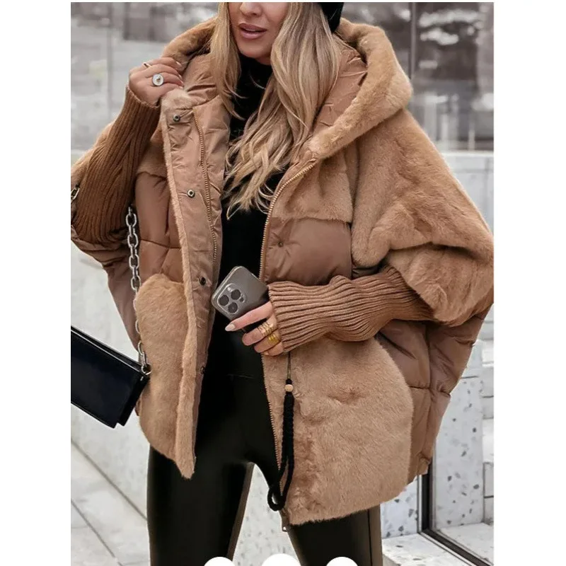 Women‘s Hooded Patchwork Warm Coat Autumn Padded Jacket Oversize Outerwear in Winter