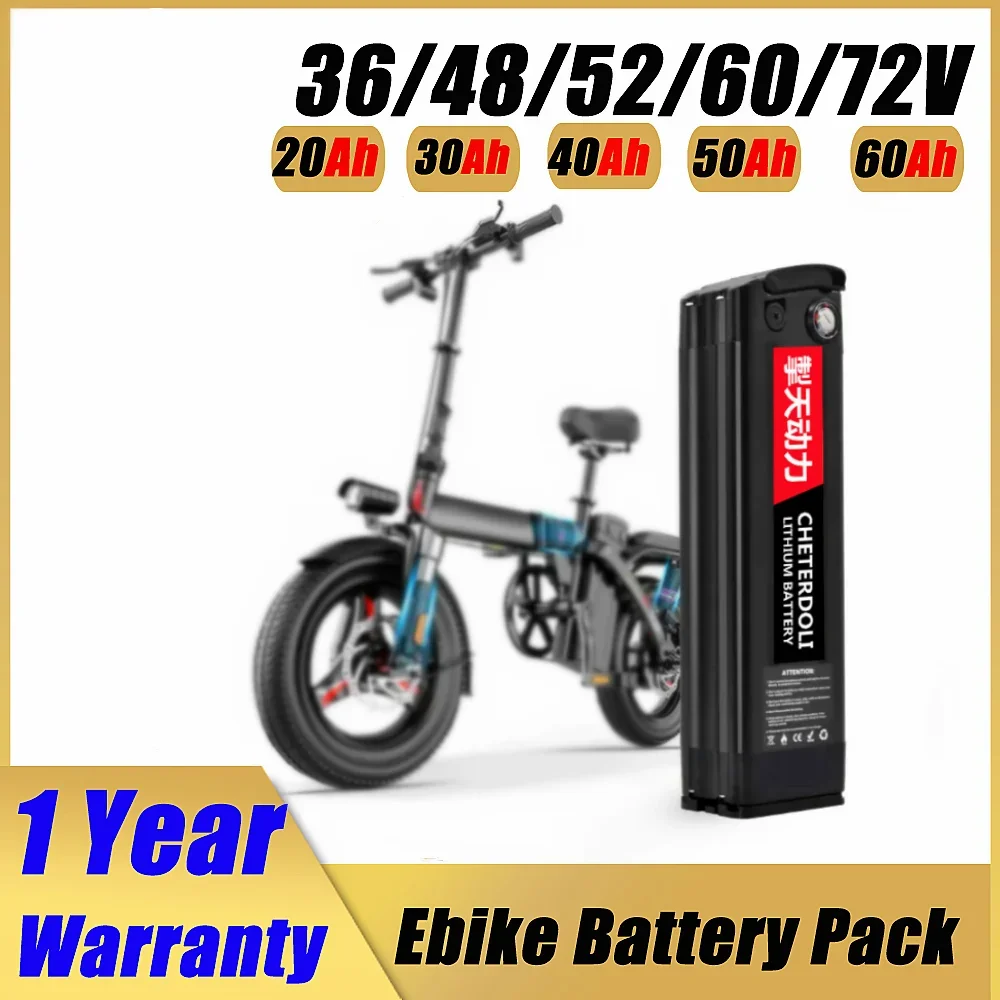 

48V Lithium Battery Pack 36V/52V/60V/72V Silver Fish E-Bike Electric Bicycle 1500W 20/30/40/50Ah 18650 Battery Pack With Charger