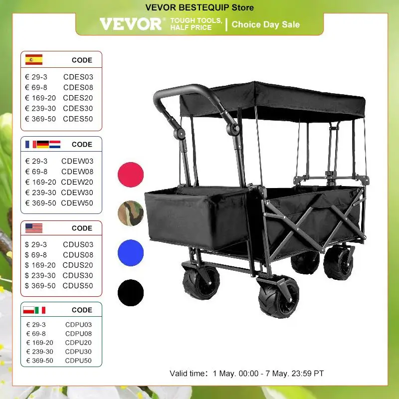 VEVOR Folding Wagon Cart W/ Adjustable Handle Bar Removable Canopy Oxford Cloth Collapsible Shopping Outdoor Camping Beach Cart