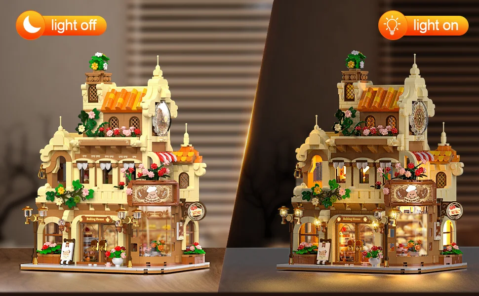 3-stöckiges Bäckerei-Café-Haus-Stadtbaukasten-Set mit LED-Beleuchtung, 1289 Teile, Kuchen- und Brotbäckerei-Raum für Erwachsene und Jugendliche – Detail 8