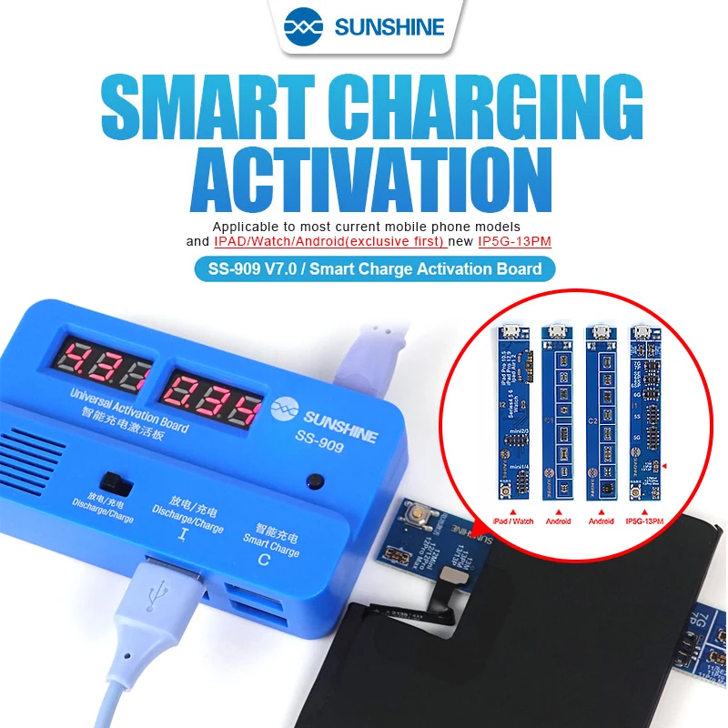 SUNSHINE SS-909 V7.0 Universal Battery Charging Activation Board Tester Fast Charging Plate For iPhone ipad Android Phone Repair sunshine ss 903a 8 0 ip battery activation charging board for ip5g 15pm series no removal phone battery smart activation tools