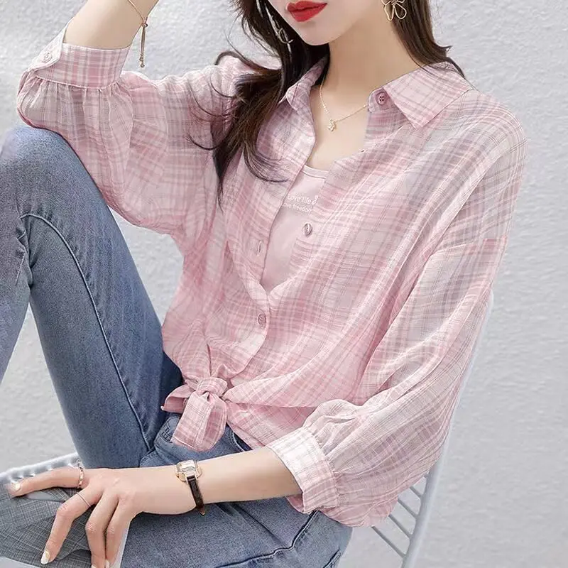 Simplicity Office Lady Summer Women's Polo-Neck Plaid Single Breasted Fashion Versatile Loose Long Sleeve Chiffon Shirt Tops