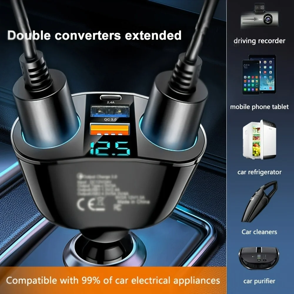 Car Charger USB PD Multiple Ports with Digital Display Charge Adapter for iPhone Xiaomi Huawei Samsung