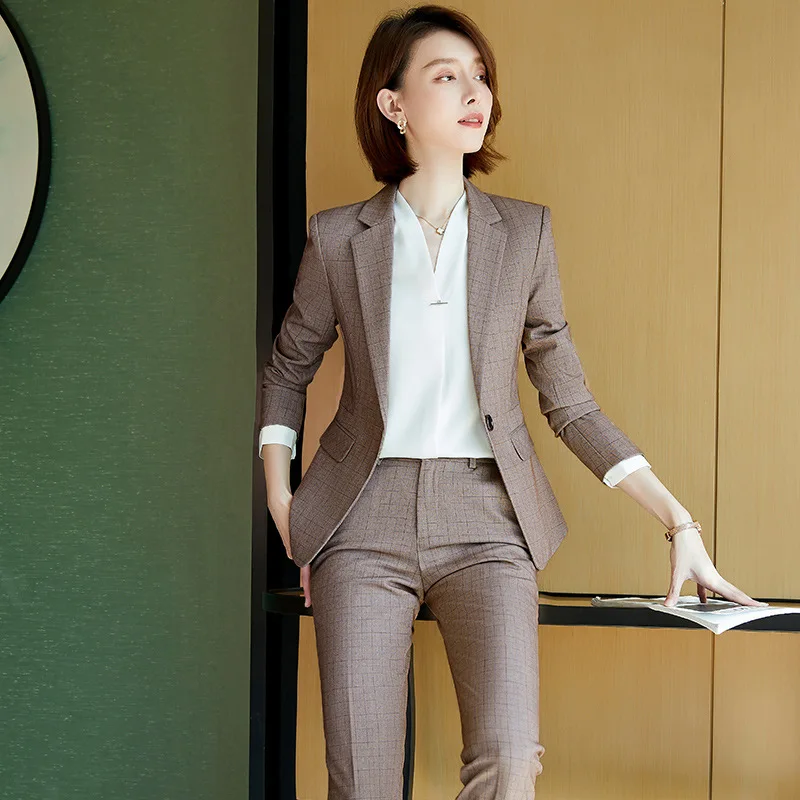 2023 Elegant Women Formal Pant Sets Khaki Gray Jecket Blazer + Trousers Suit Female Office Lady Business Work Wear 2 Piece Set