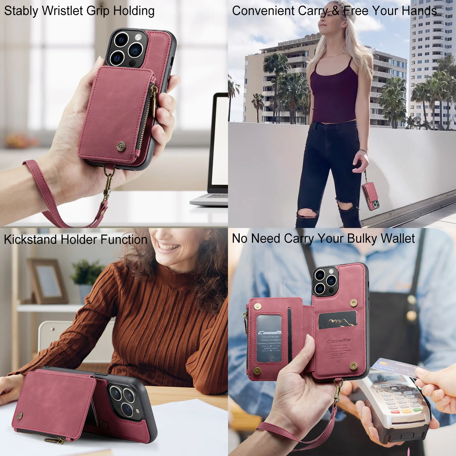 

Aoxgoufo Wrist Strap Zipper Flip Cover Wallet Multi Card For iPhone 14 13 12 11 Pro XR X Xs Max 8 7 Plus SE Magnetic Phone Case