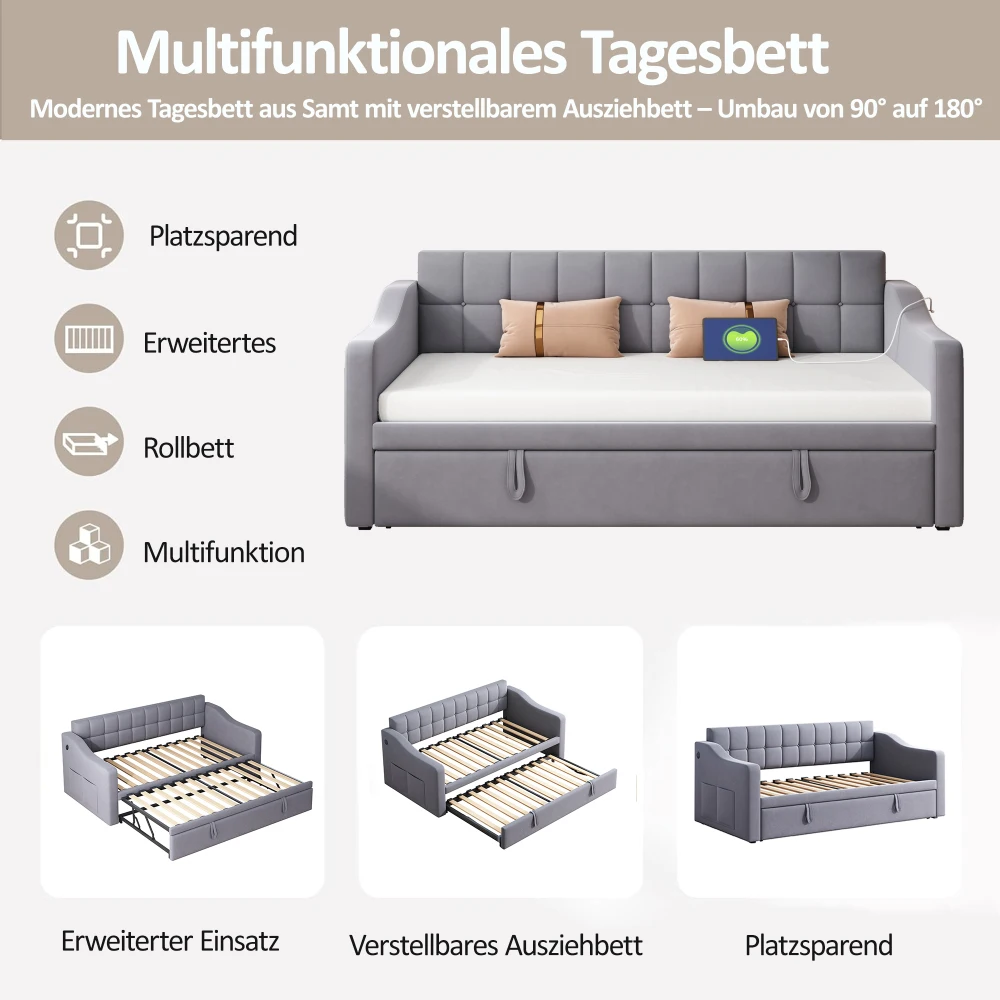 Gepolstertes Bett, Schlafsofa, Multifunktions-Schlafsofa, 90 x 180 x 190 cm, hellgraues, mit Samt gepolstertes Bett mit Steckdose und Aufbewahrungstasche – Detail 34