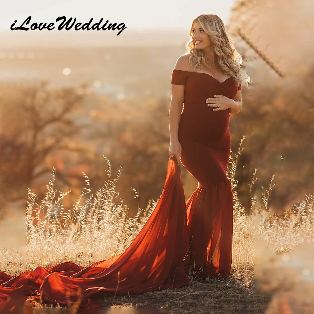 

Maternity Dress for Photoshoot Soft Satin Off the Shoulder Baby Shower Pregnancy Dresses Mermaid Chiffon for Photography Gowns