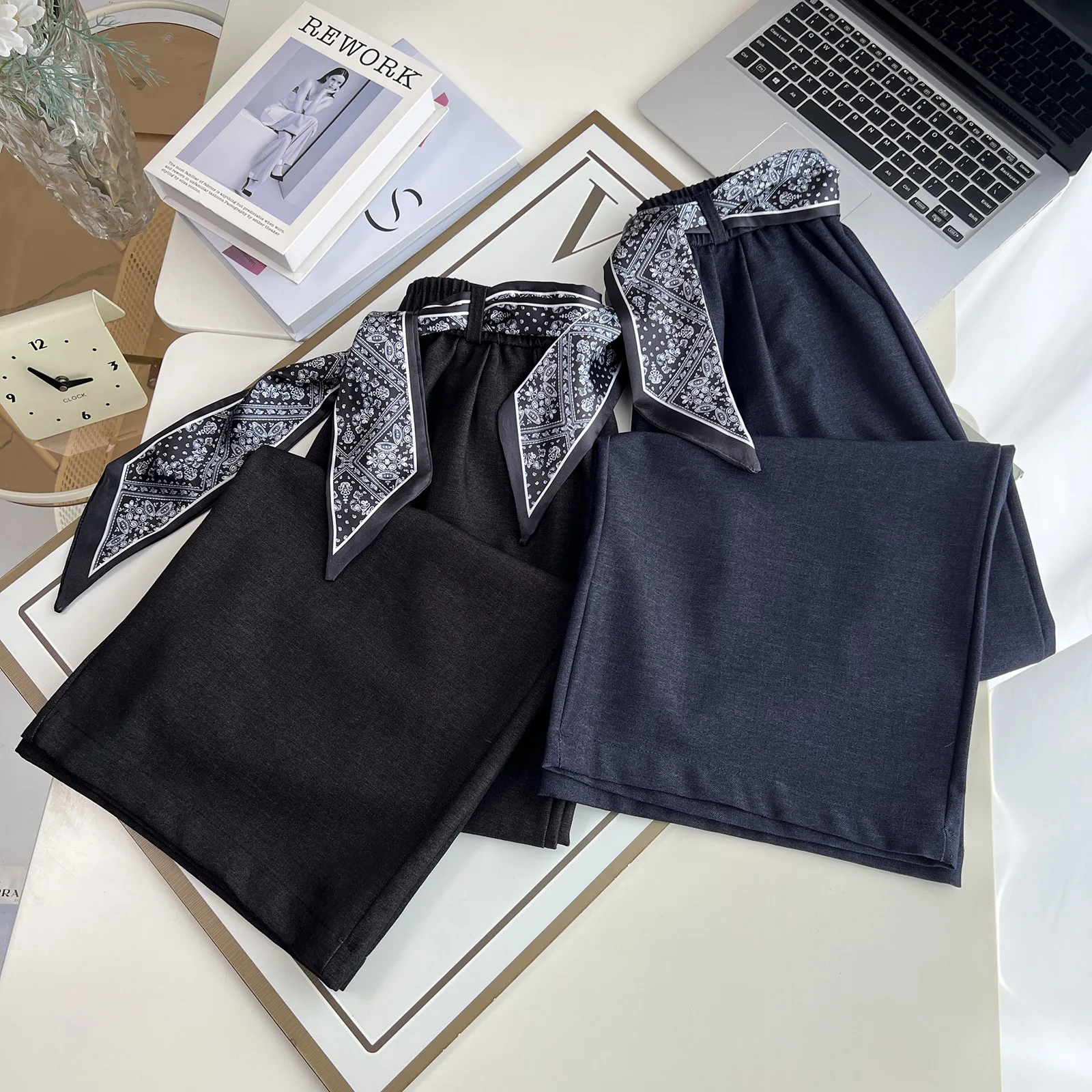 Fashion Autumn New Style Elegant Silk Waistband Straight Full Length Pants Plus Size Women's Wide Leg Trousers