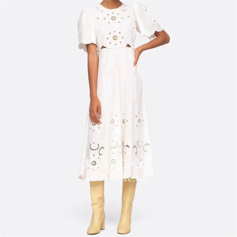 

Elegant dresses for women 2024 Summer New Cotton and Hemp Blended long dresses Flower embroidered hollow short sleeved dress y2k