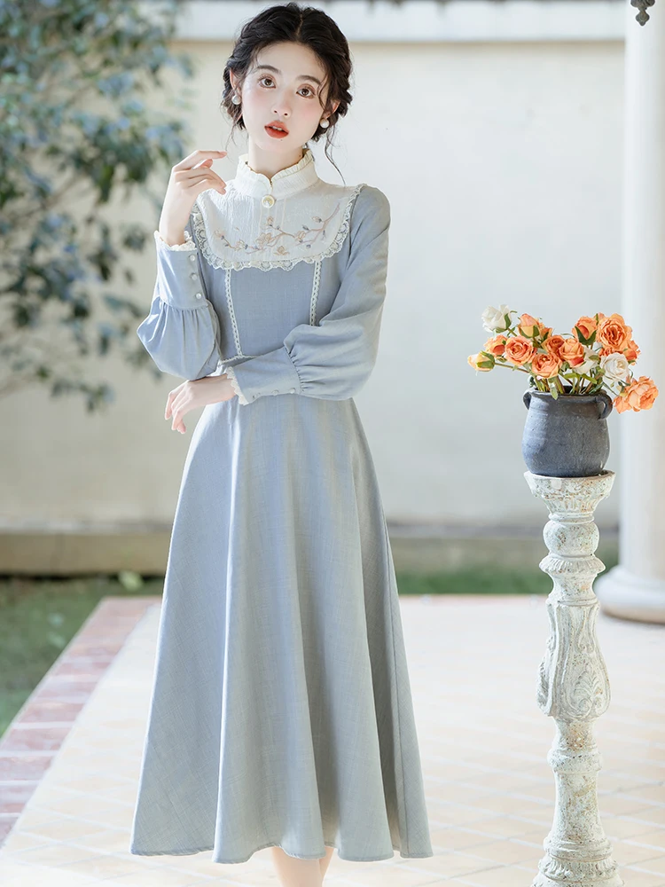 French Palace Style Retro Dresses for Women Blue Lace Stand Neck