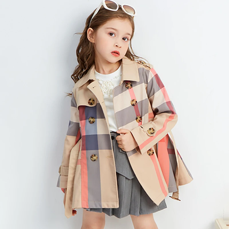 Kids Jacket Girls Trench Coats Spring Autumn Girls Trench Coat New Teenage Long Sleeve Trench Jacket Double Breasted Belted Windbreaker Kids Plaid Coat 2-12Y