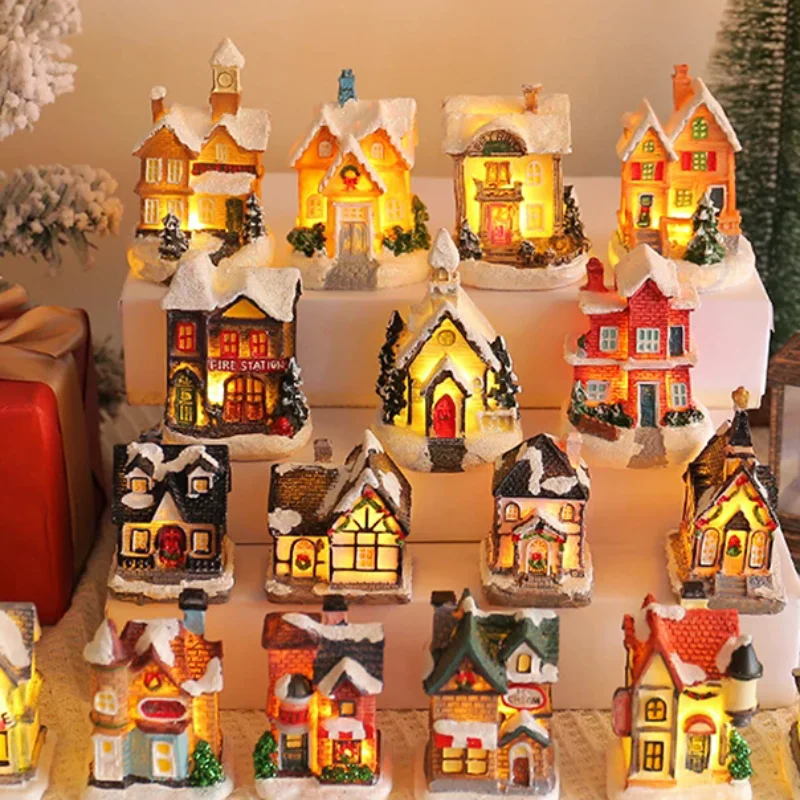 Mini LED Christmas Village Houses Building Xmas Winter Village Town Buildings Collection Home Indoor Room Decoration Xmas Gifts