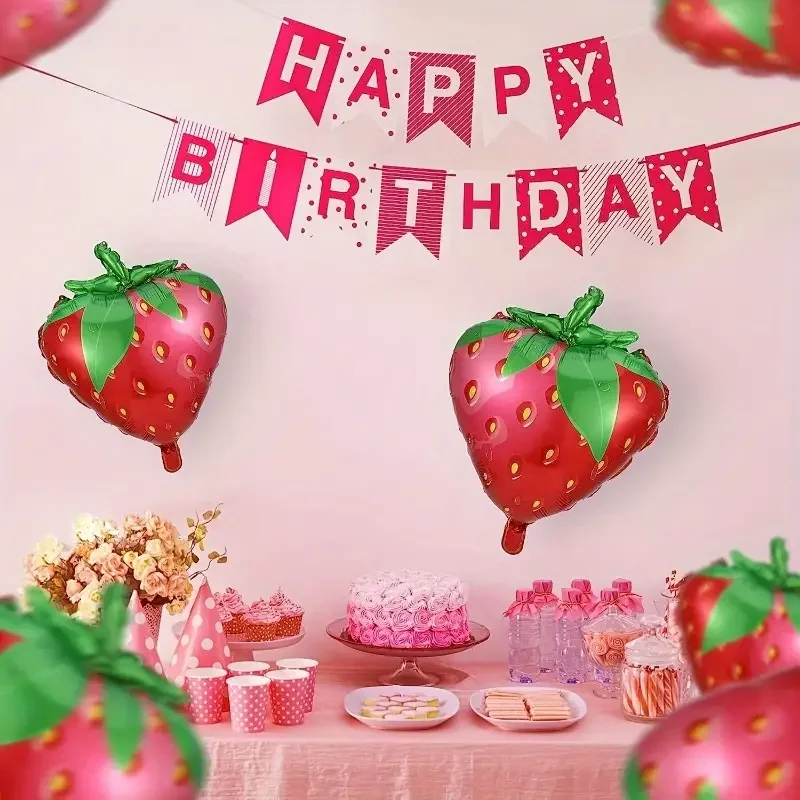 Strawberry Balloons 10-Pack - 5 Smiley & 5 Foil Balloons With Ribbon & Dots | Strawberry Party Decor For Baby Shower, Summer Parties