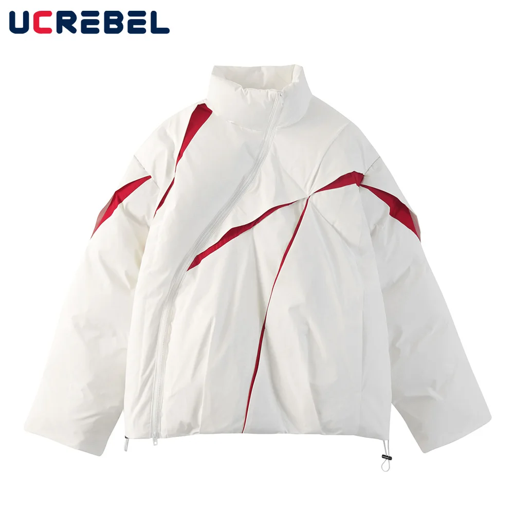 

Spliced Stand Collar Padded Jacket Mens Winter Streetwear Asymmetrical Zipper Quilted Jacket Men Drawstring Hem Outerwear