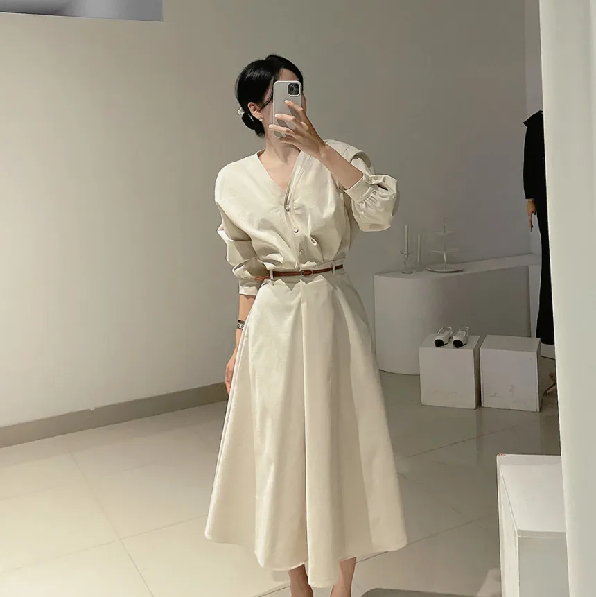 Korean Fashion V-neck Midi Dresses for Women with Belt Long Sleeve A-line Office Lady Autumn New Elegant Solid Female Clothing