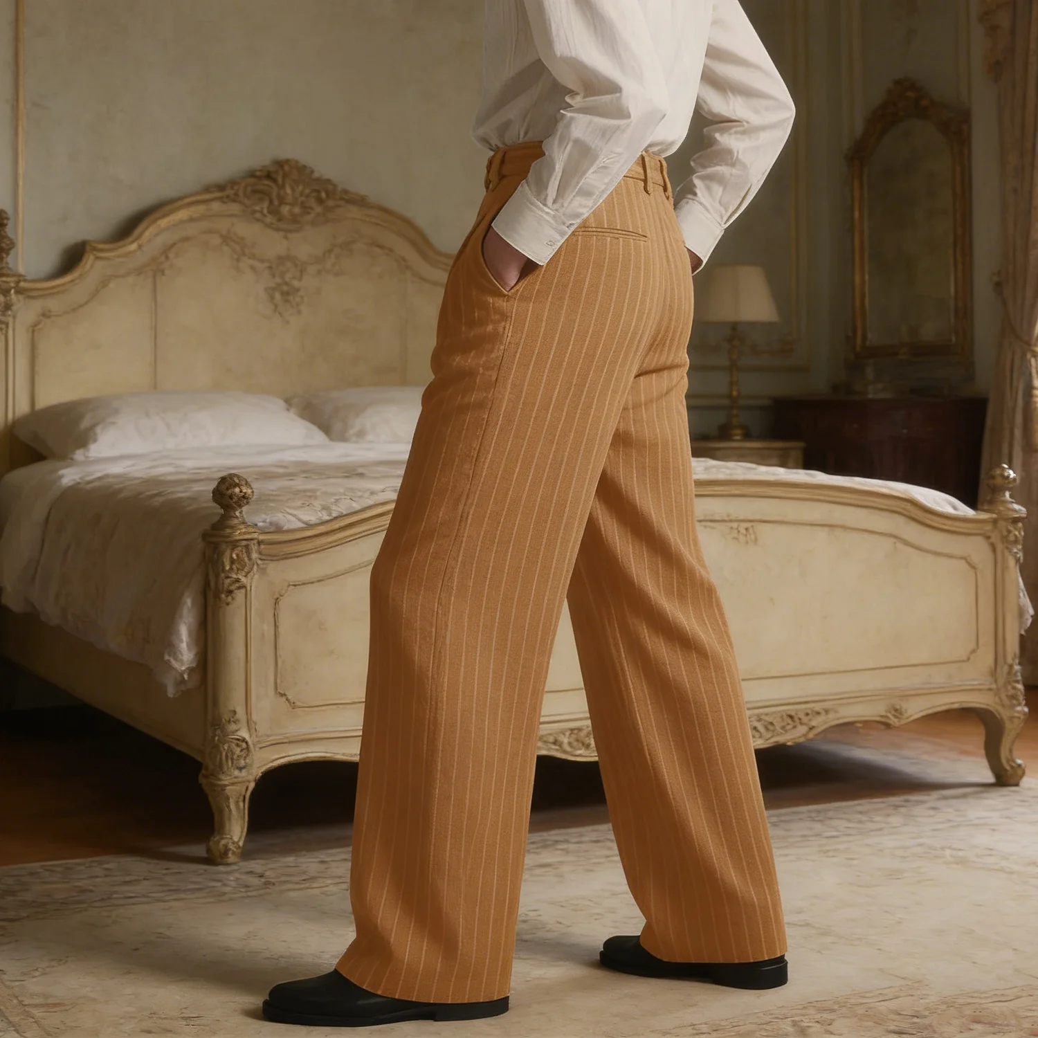 Pantalon de Costume Rayé pour Homme en Laine Luxe Coupe Classique Décontracté Affaires Quotidien Voyage Anti-Plis Élégant Épais Long