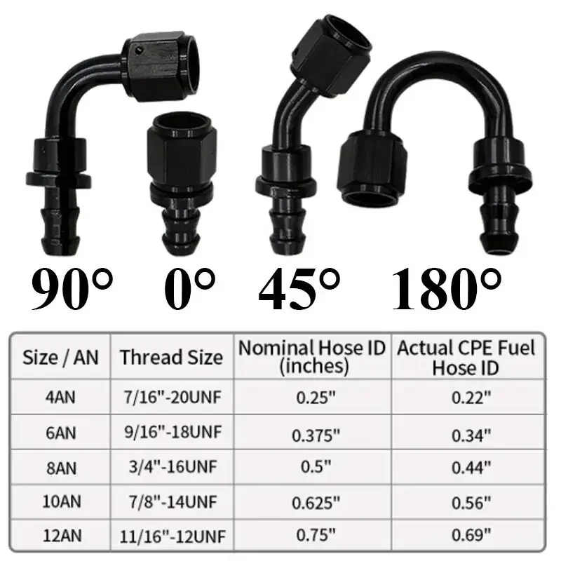 Uuiversal Aluminum AN4 AN6 AN8 AN10 AN12 Car Oil Fuel Fitting Oil Fuel Push On Hose 0 90 45 180 Degree Rubber Tube Hose End